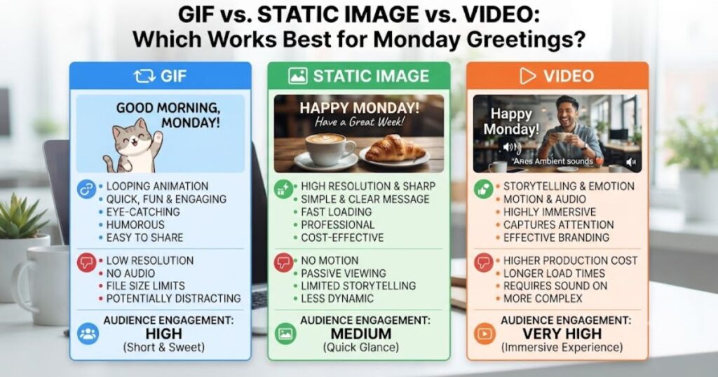 GIF vs. Static Image vs. Video: Which Works Best for Monday Greetings?